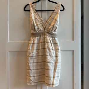 Leona by Lauren Leonard  Mollie Dress Beige Striped Linen V Neck Size 2 NEW